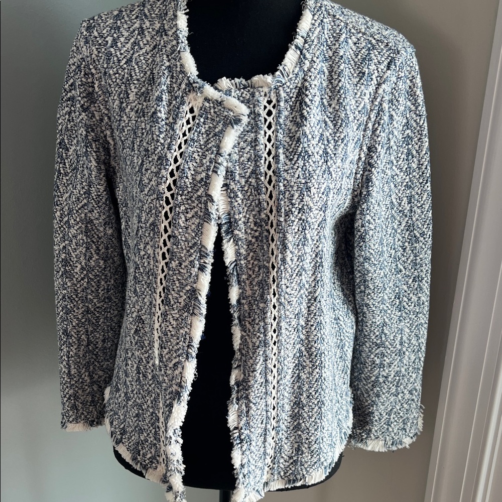 NIC+ZOE Blue & White Tweed Open-Front Cardigan Jacket
